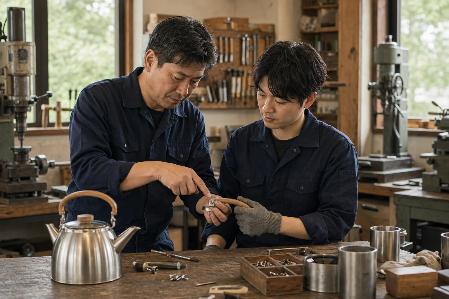 先輩社員から加工技術を学ぶ様子