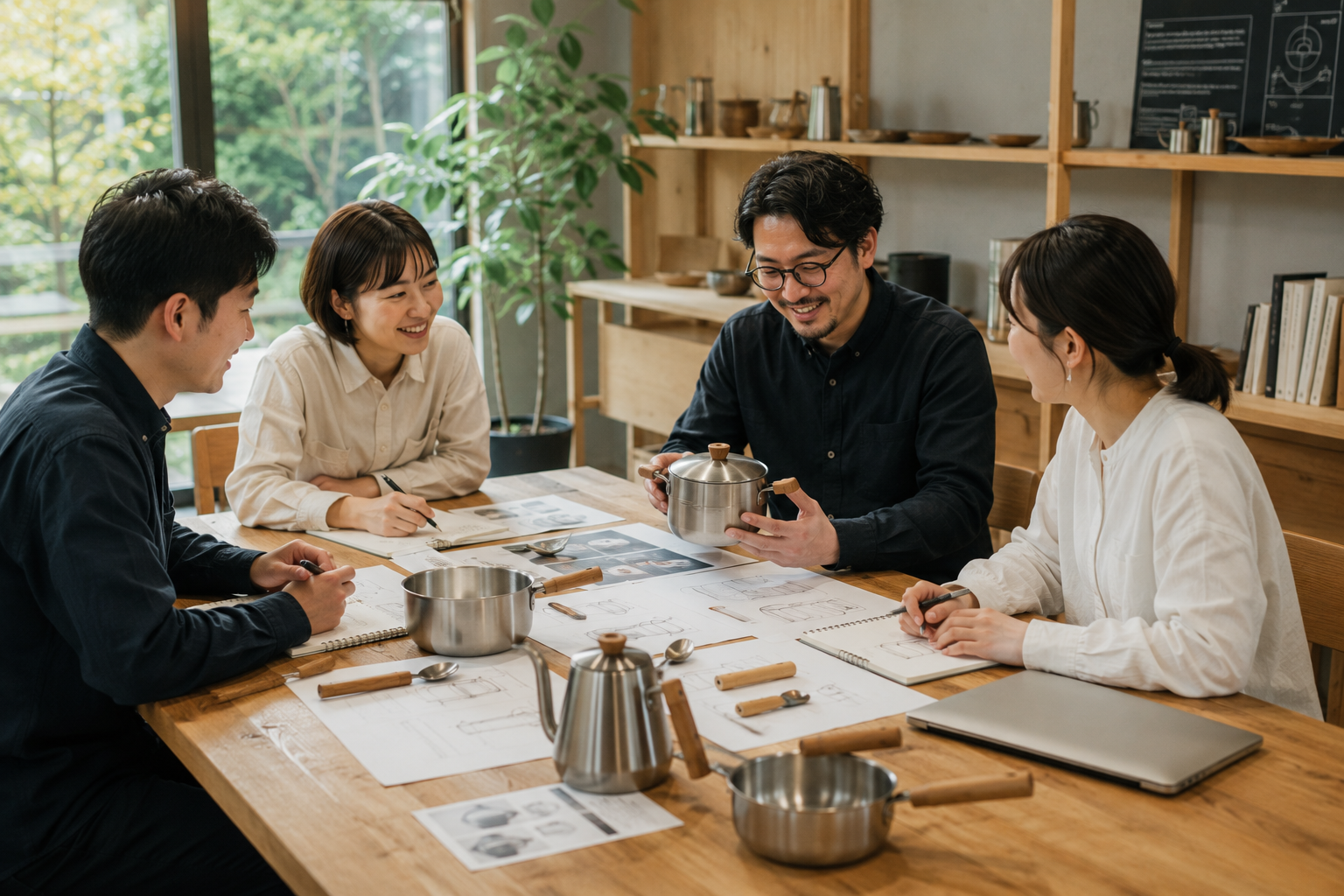 商品企画について職人と担当者が話し合う様子