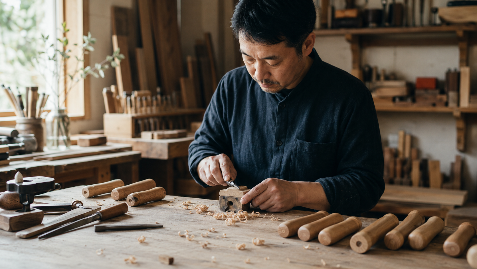 若手社員へ木工の技術を伝える職人