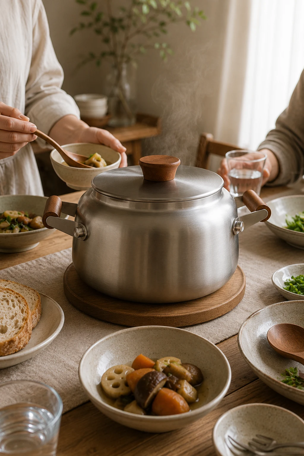 食卓キャセロールを囲む食卓の使用風景